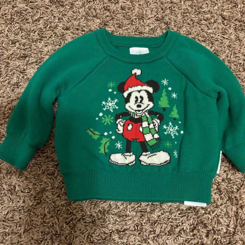Disney Christmas Sweater 6-9 Months Classic Mickey Mouse with Santa Hat Green